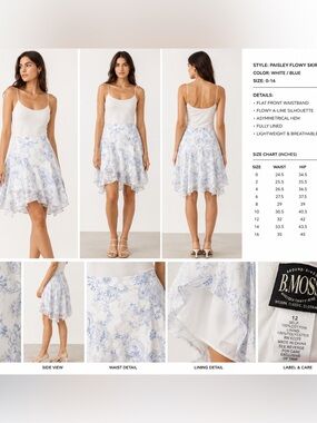 Tailor B. Moss White and Blue Paisley Asymmetric Hem Skirt size 12